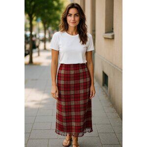 Cambridge Dry Goods Wool Blend Skirt Red Plaid Fringed Long Straight.